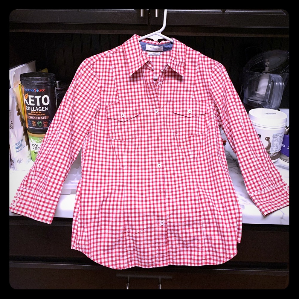 Red/white check button down blouse, 3/4 sleeve, Sm